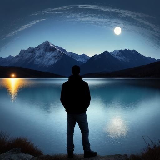 Boy Gazing at Mountain Lake Under Full Moon