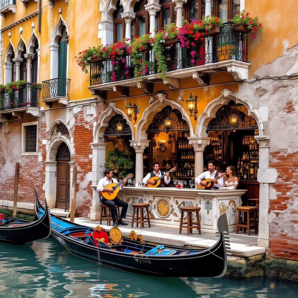 Venetian Canal Tavern with Musicians and Gondolas