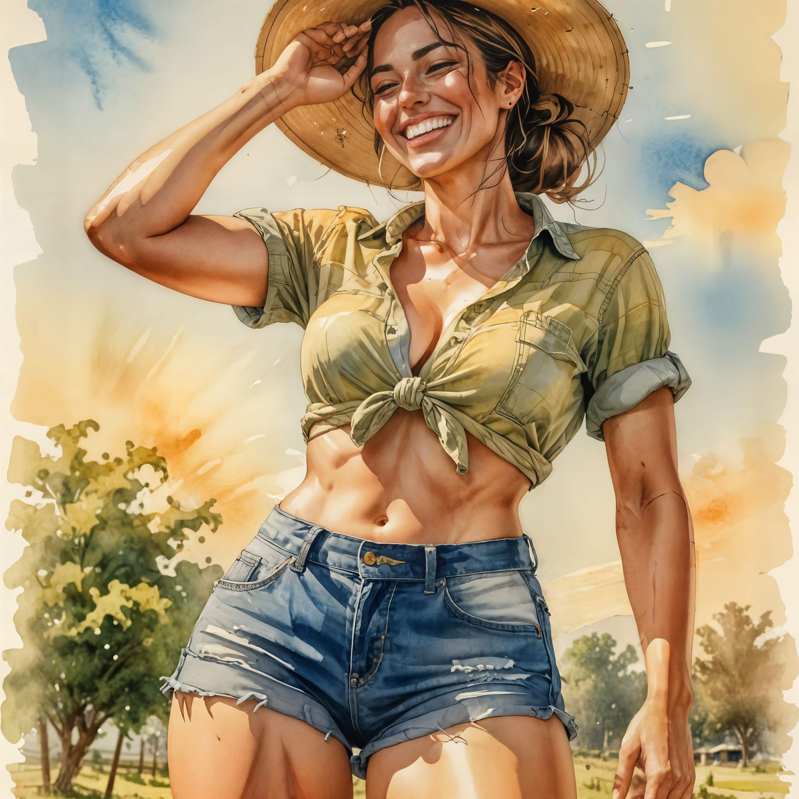 Athletic Woman in Watercolor Painting on a Farm