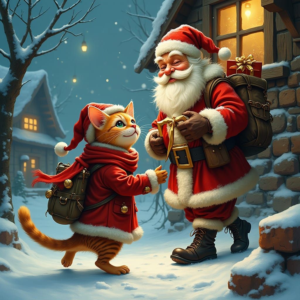 Christmas Cat Assists Jovial Santa in Snowy Winter Wonderlan...