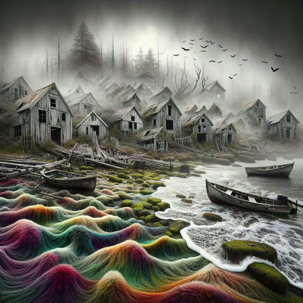 Eerie Abandoned Coastal Village in 3D Stumpwork Style