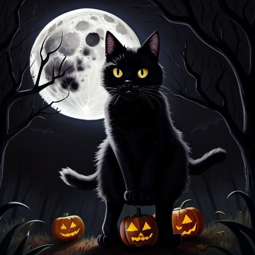 a plucky Halloween black cat dancing In a forest at night with a full moon
