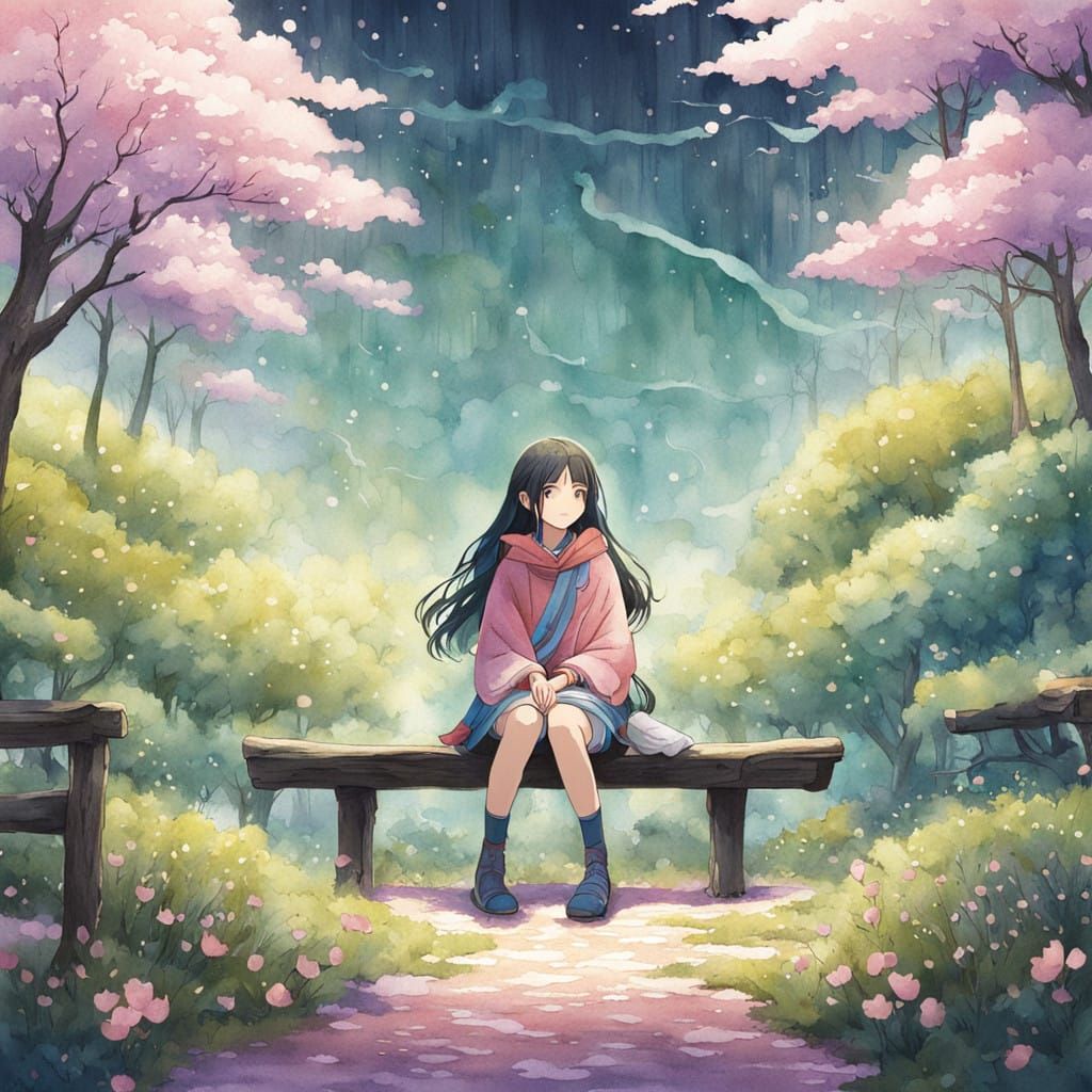 Anime-Inspired Girl and Wolf in a Lush Cherry Blossom Park
