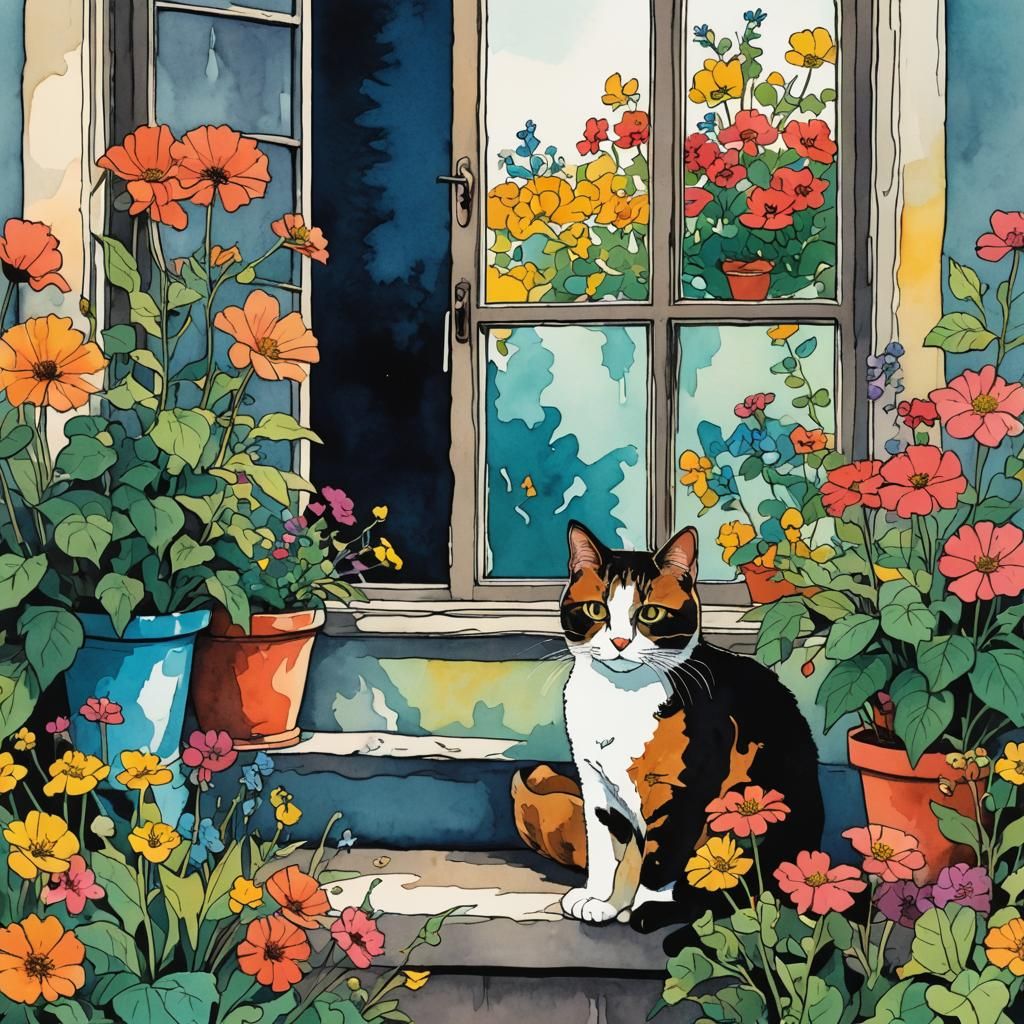 Colorful Ink Cat Silhouette on Windowsill