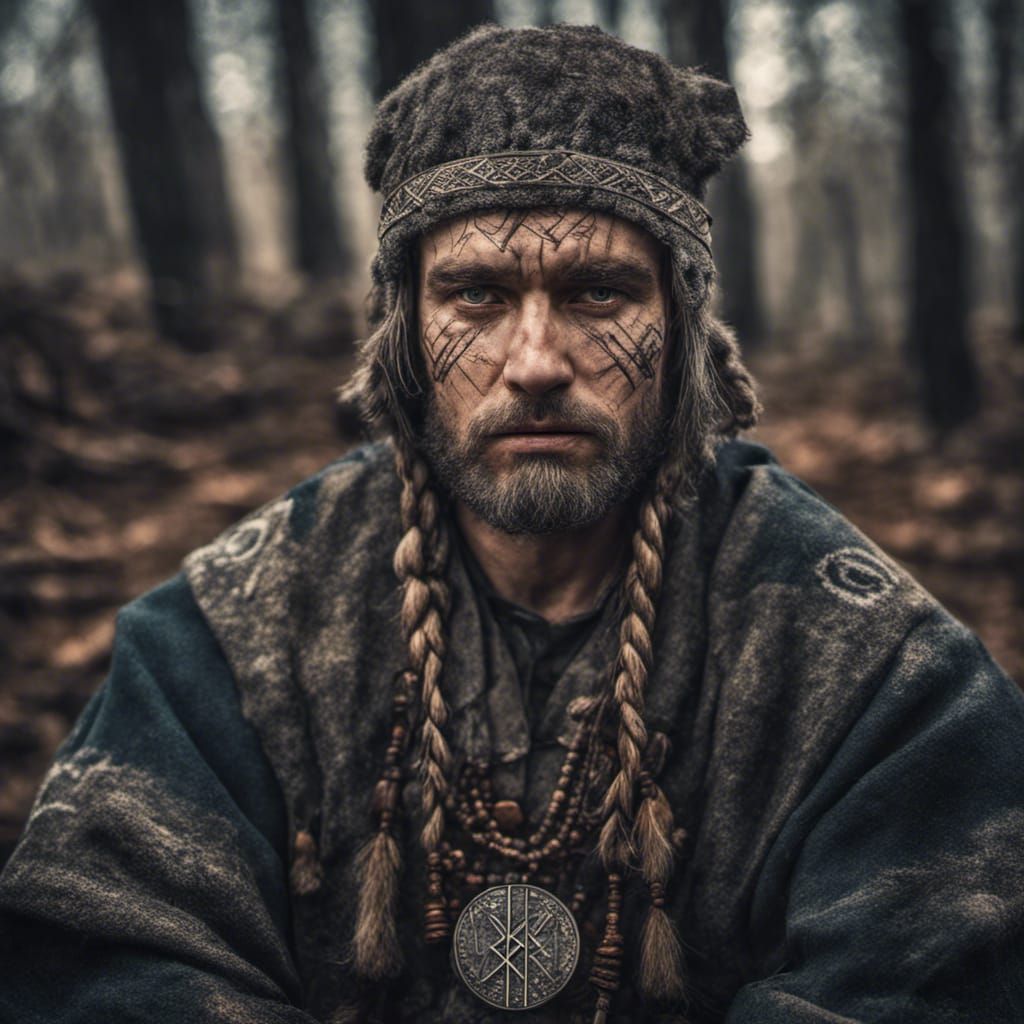 Ukrainian Molfar Portrait with Runes in Forest, Hyperrealist...