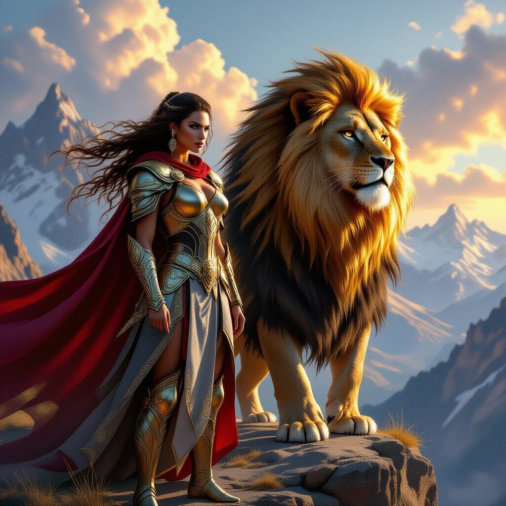 Warrior Woman & Lion Guardian in Epic Fantasy Style