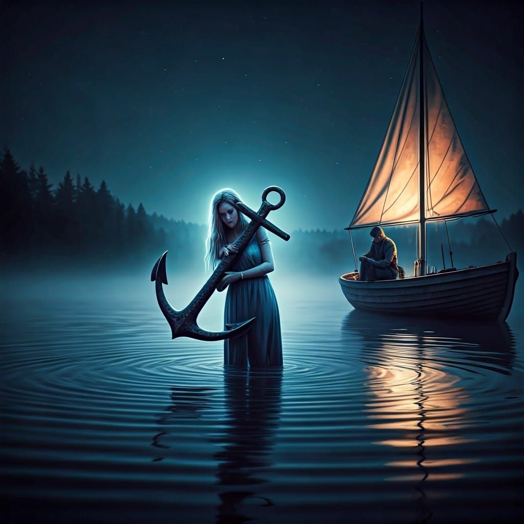 Dreamy Moonlit Night Scene with Woman and Anchor
