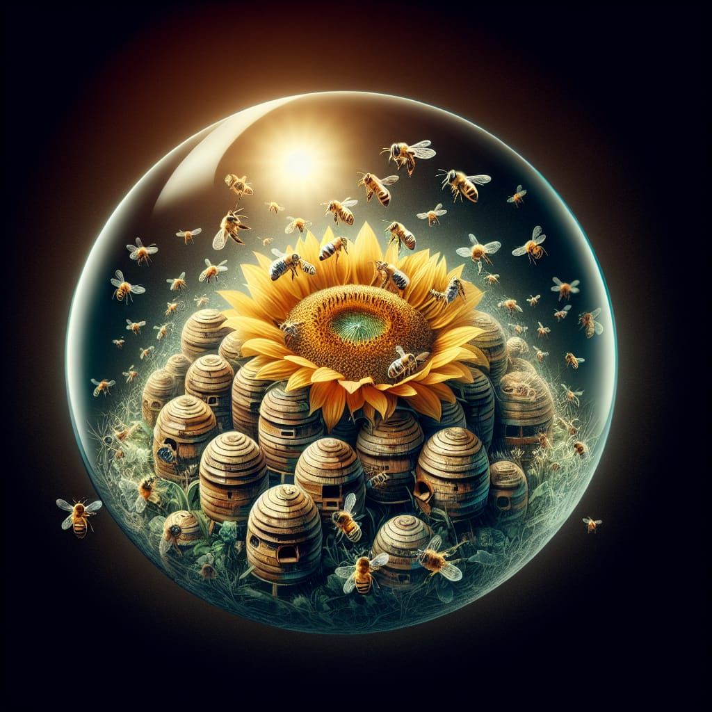 a double exposure of an intricate bee hive, a crystal ball w...