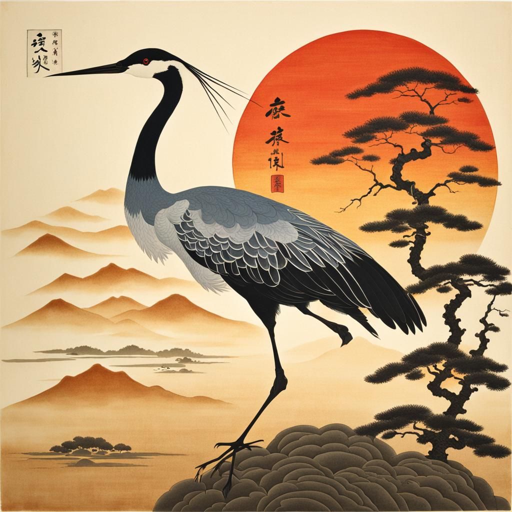 Elegant Cranes at Sunset: Japanese Art Style