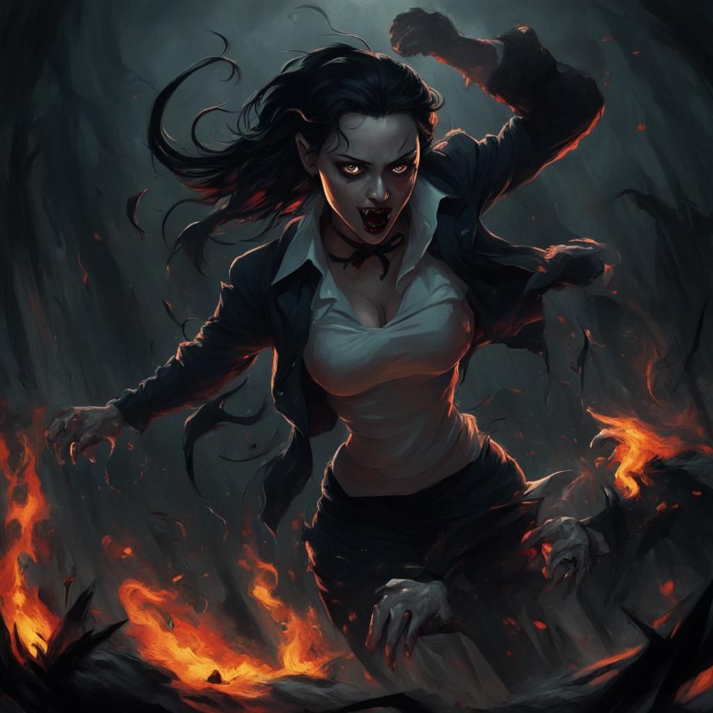 Goth Woman Chased by Monster in Film Noir Style