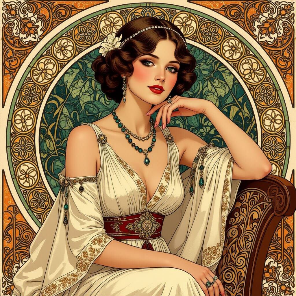 Elegant Woman in Beaded Dress, Art Nouveau Style