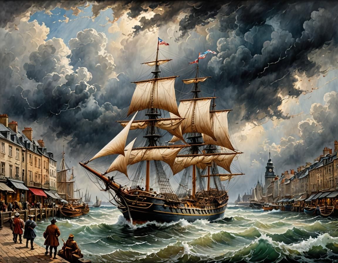 Ornate Sail Ship in Harbor, Hyperrealistic Watercolor