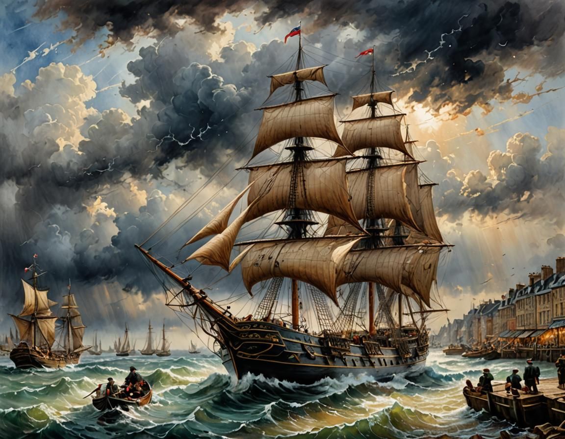 Ornate Sail Ship Watercolor in Stormy Harbor