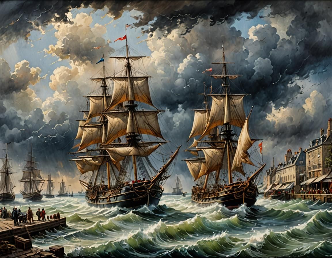 Ornate Sail Ship in Harbour: Hyperrealistic Watercolor