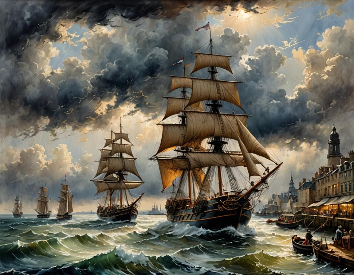 Ornate Sail Ship in Harbor: Hyperrealistic Watercolor