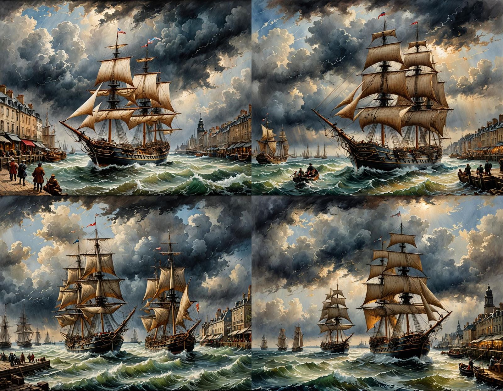 Ornate Sail Ship Watercolor Under Stormy Sky