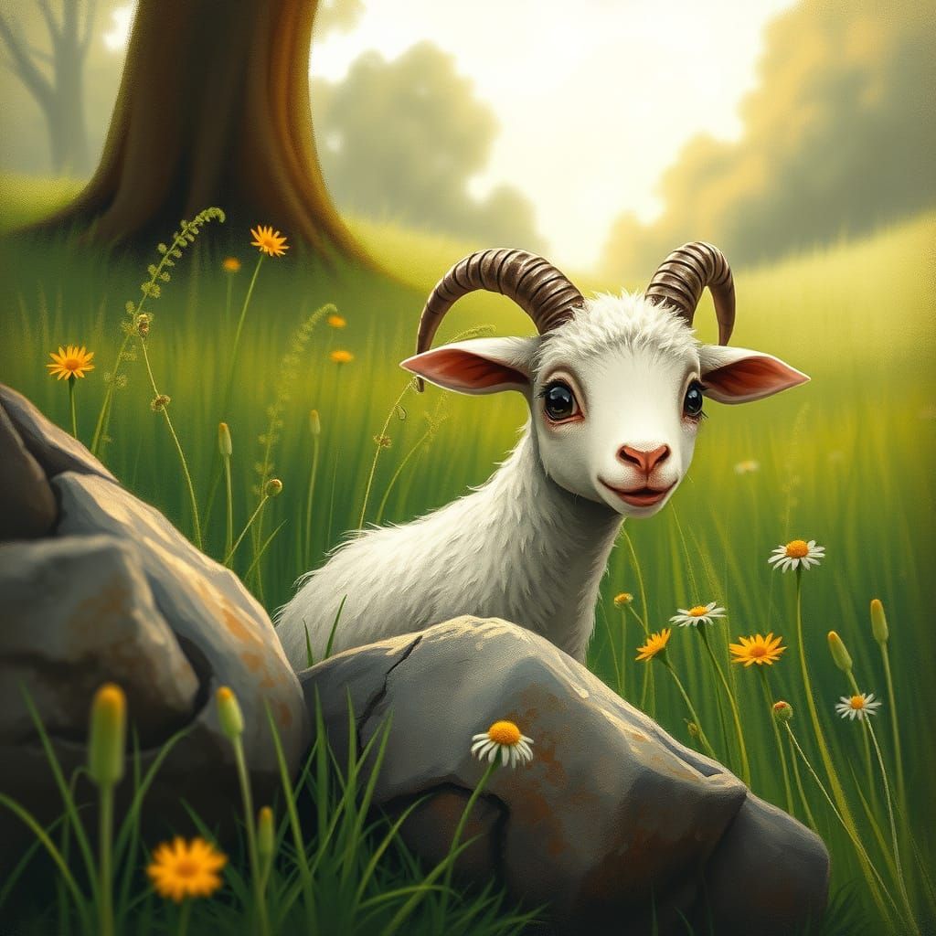 Frightened Lamb Hiding in Lush Meadow