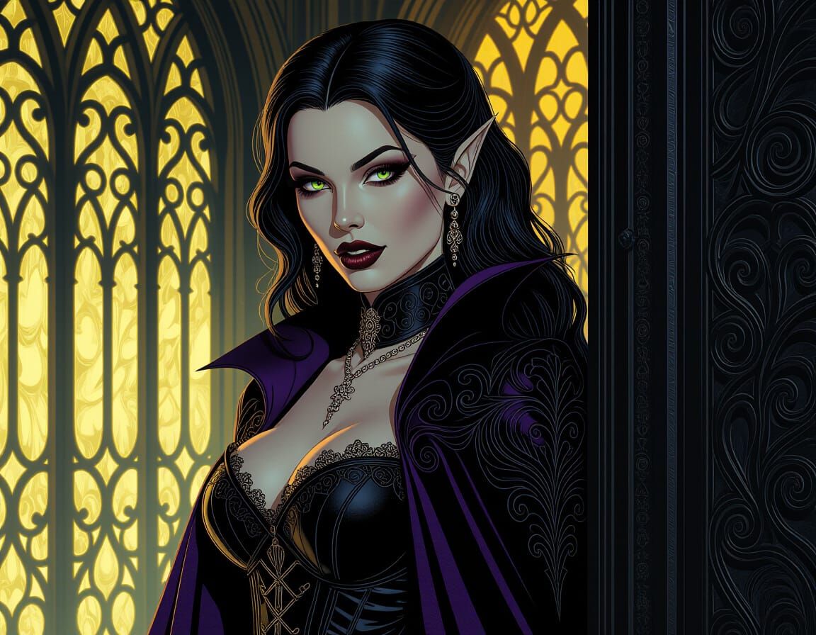 Gothic Vampire in Doorway, Fangs Bared, Dramatic Lighting