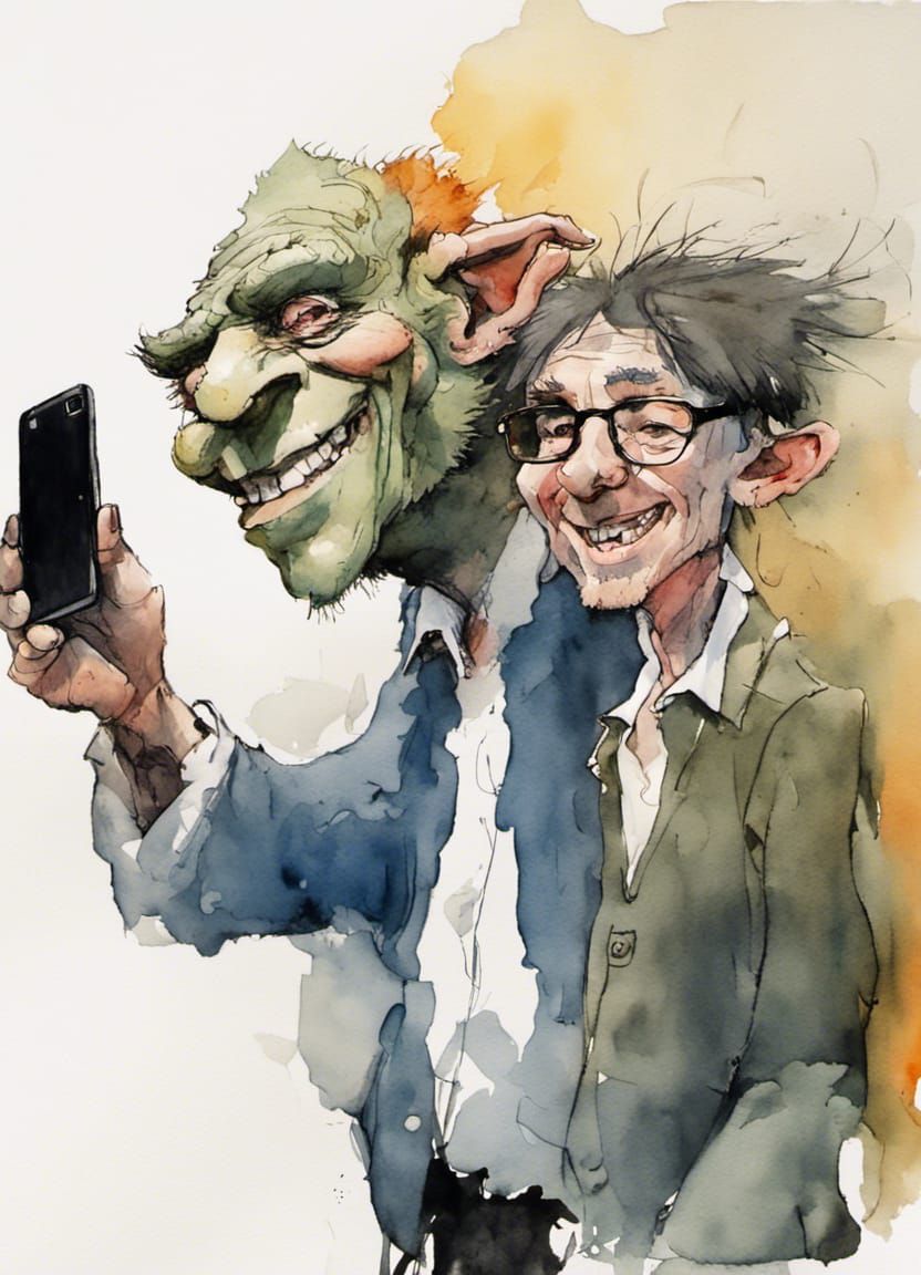 Selfie with a Troll in Watercolour Style