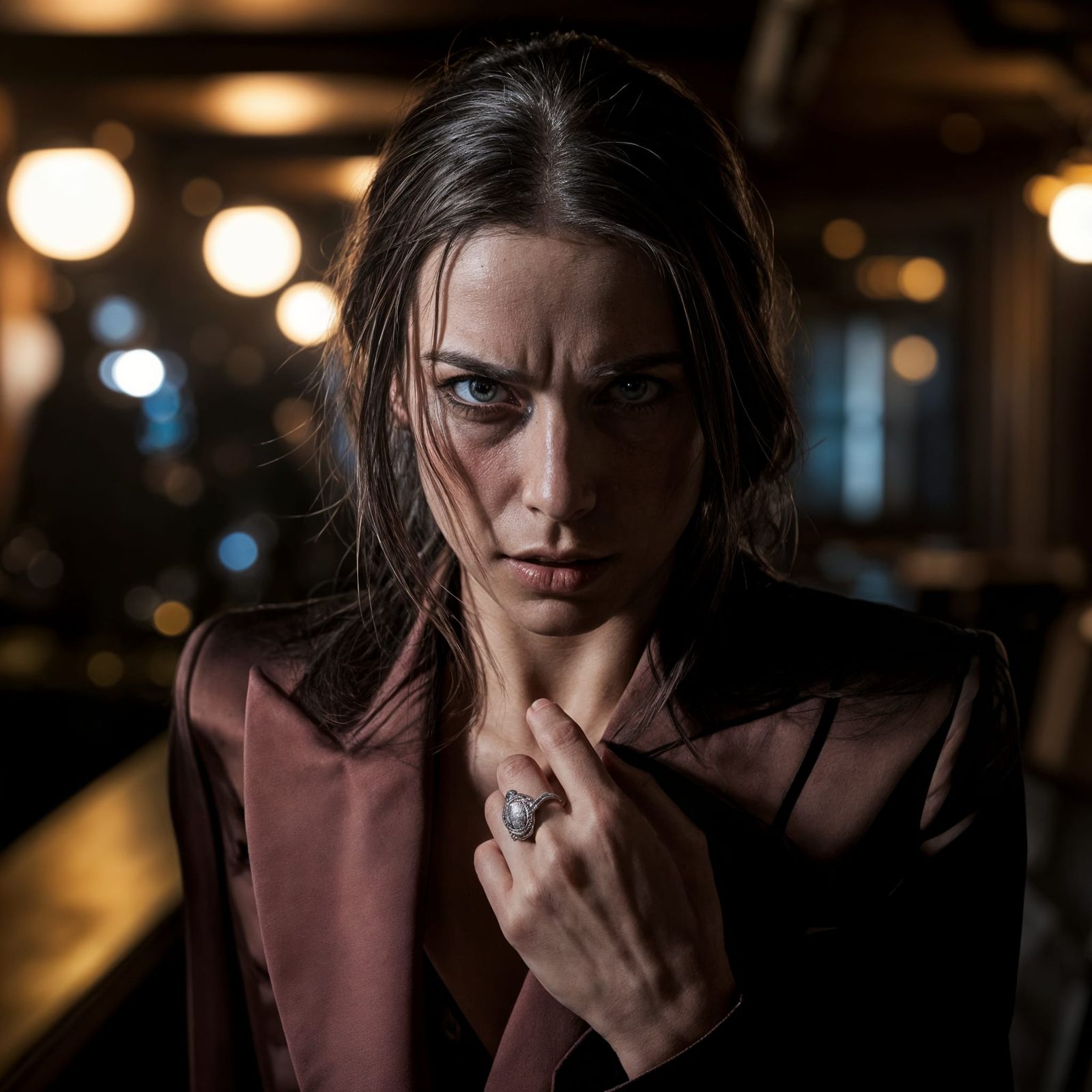 Intense Woman in Crimson Suit, Speakeasy Portrait