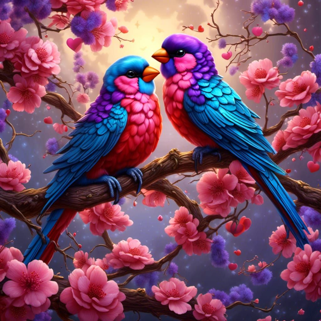 Stylized Lovebirds on Blooming Branch Illustration