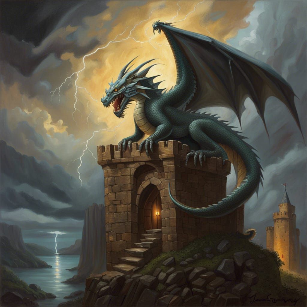 Dragon Perched on Castle in Stormy Fantasy Illustration