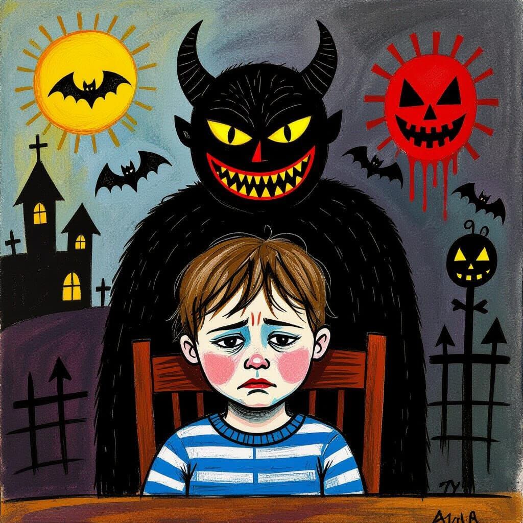 Unhappy Child in Evil Symbolism Painting