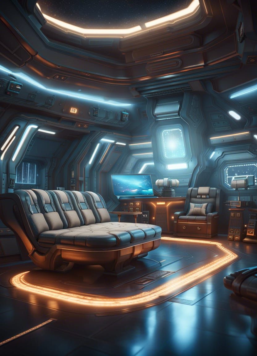 Sci-Fi Spaceship Common Room in Cel-Shaded Style