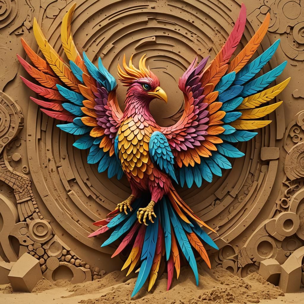 Segmented Phoenix Sand Sculpture in Surreal Style