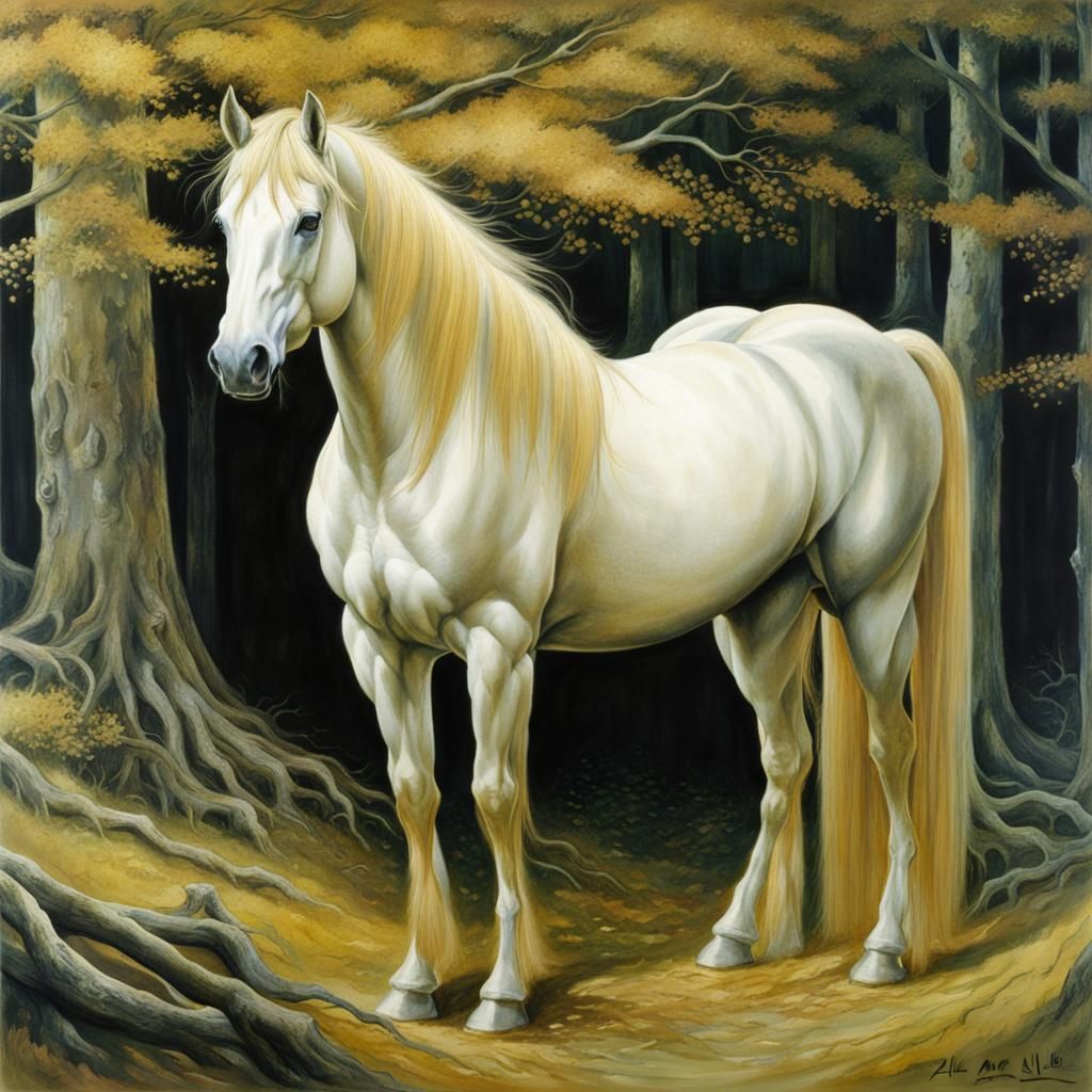 Majestic Golden Horse in Forest, Detailed Fantasy Art