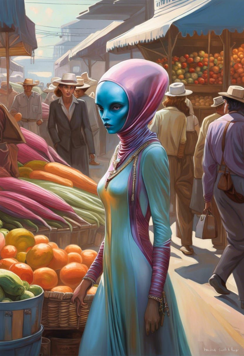 Alien Strolls Through Market in Hyperrealistic Digital Art