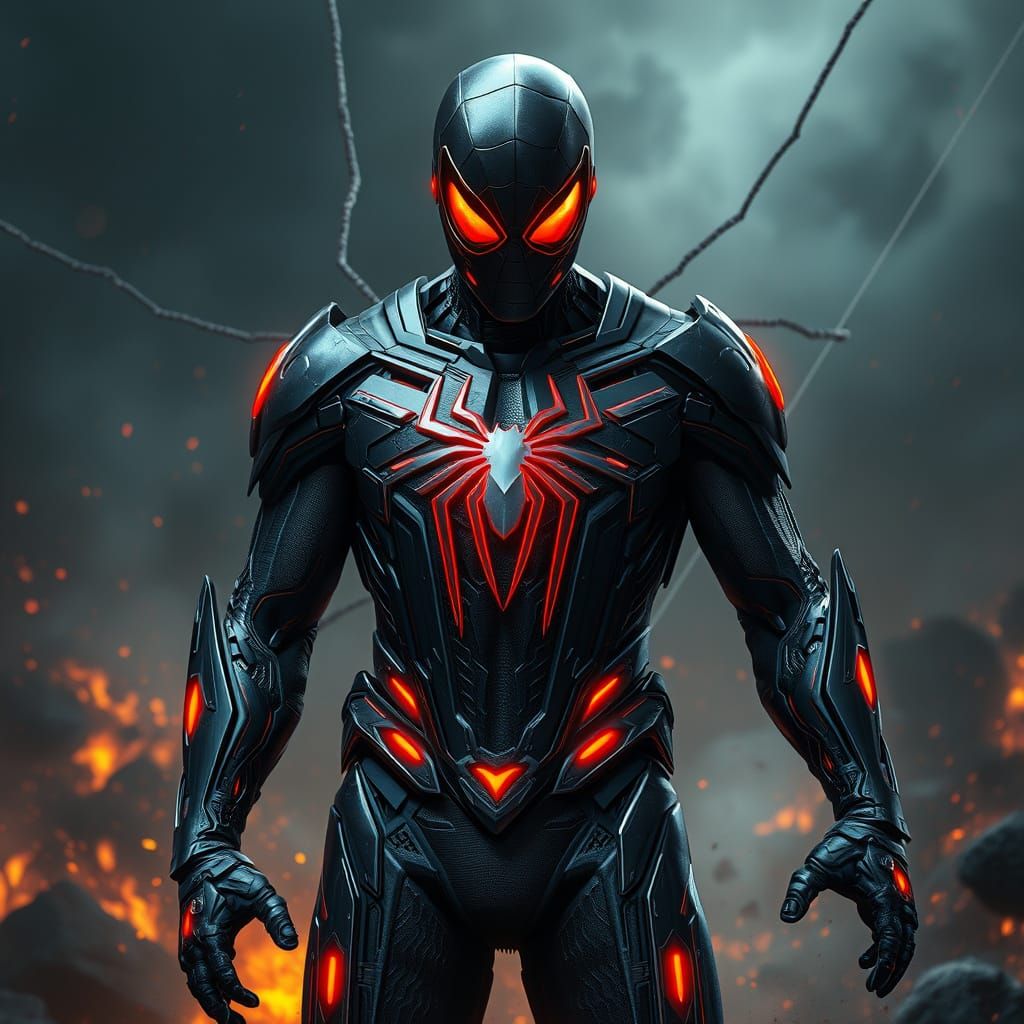 Cybernetically Enhanced Spiderman in Dark Metallic Armor