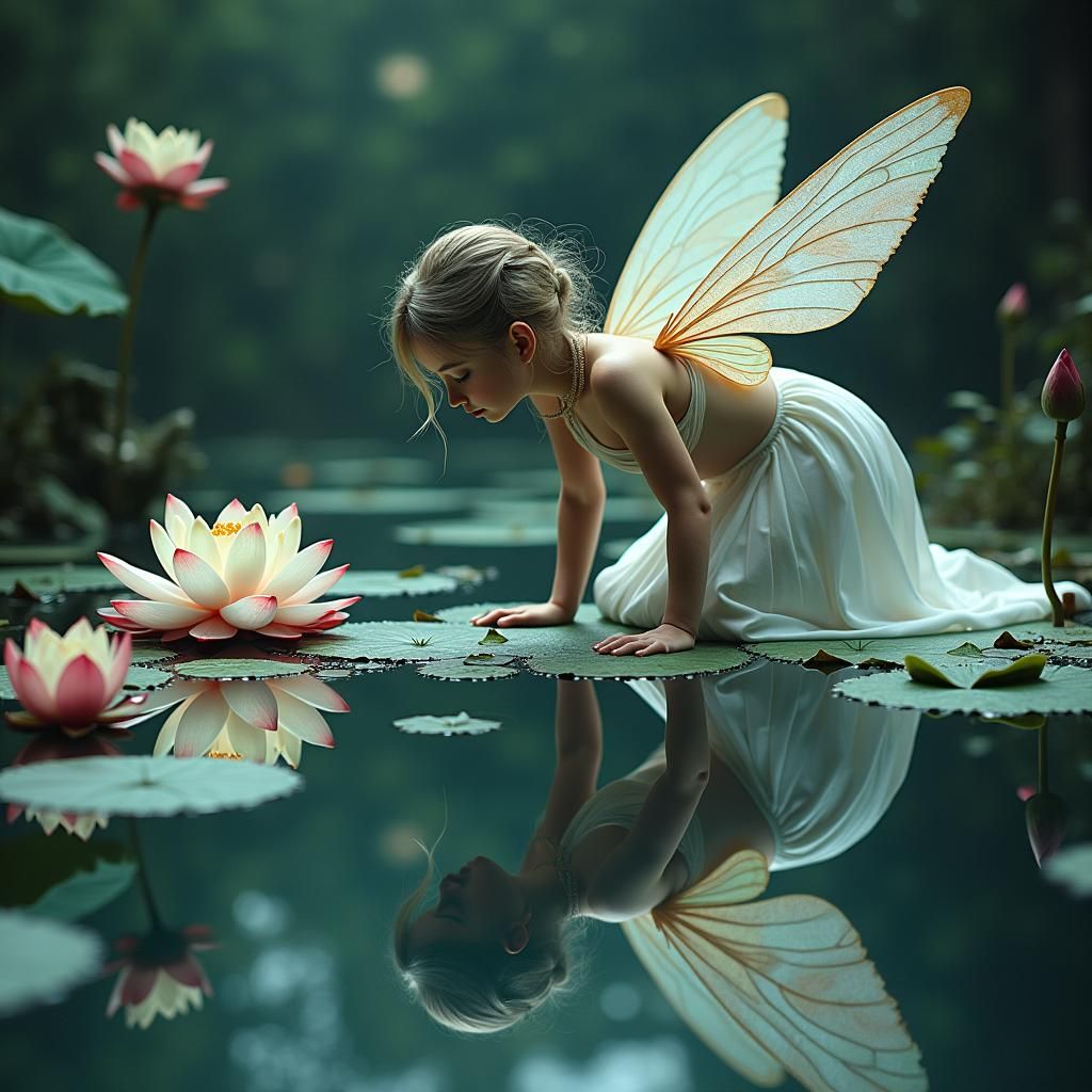 Fairy Gazing into an Eerie Pool Reflection