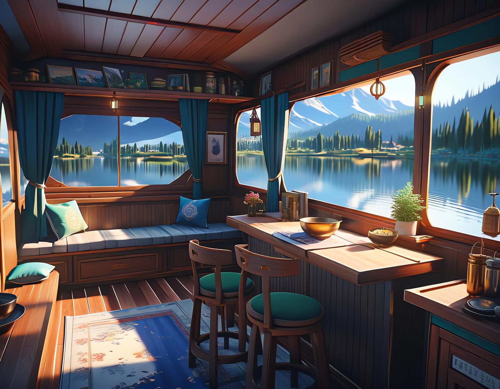 Cosy Kashmir Houseboat at Sunset: Anime Art Style