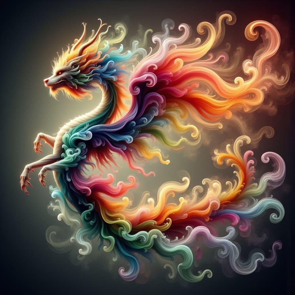 Geisha with Rainbow Dragon in Hyperrealistic Style