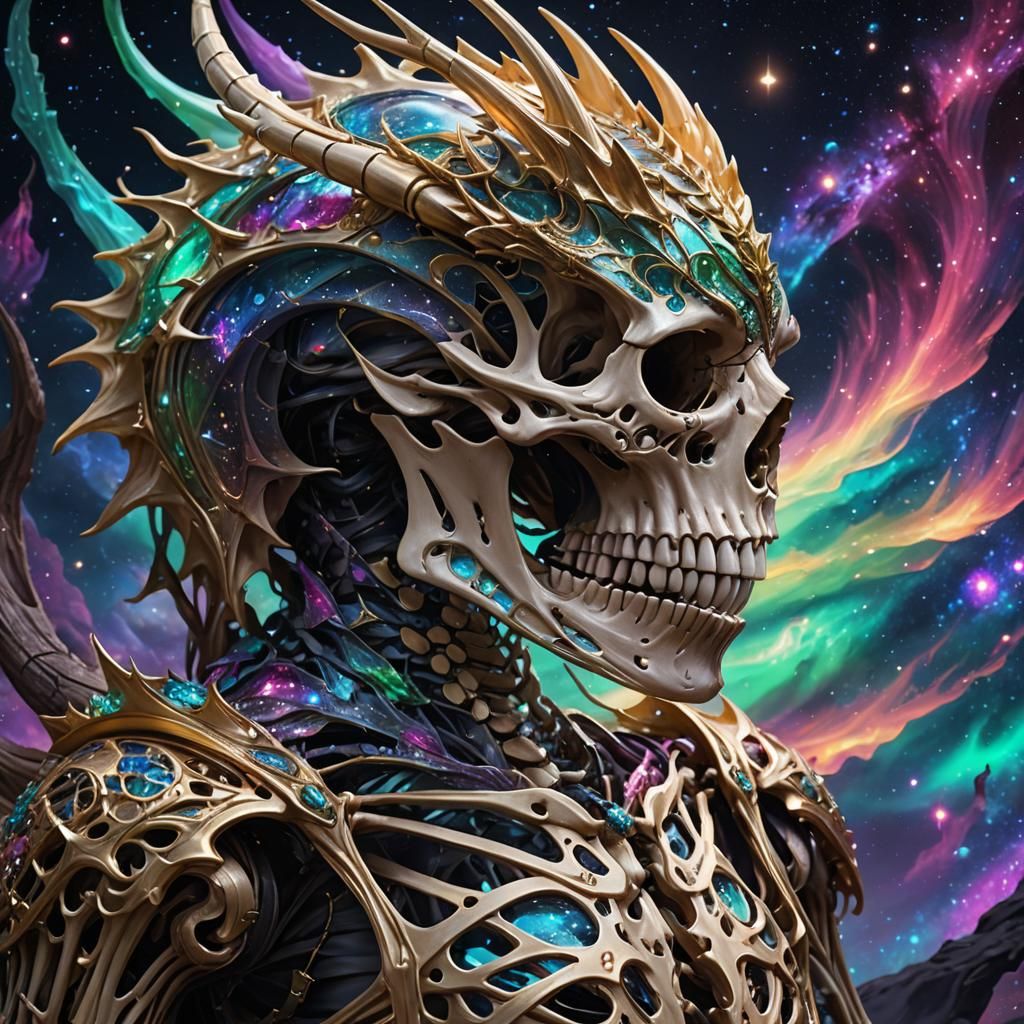 sleeping dragon skeleton made of aurora; cosmic stars galaxy...