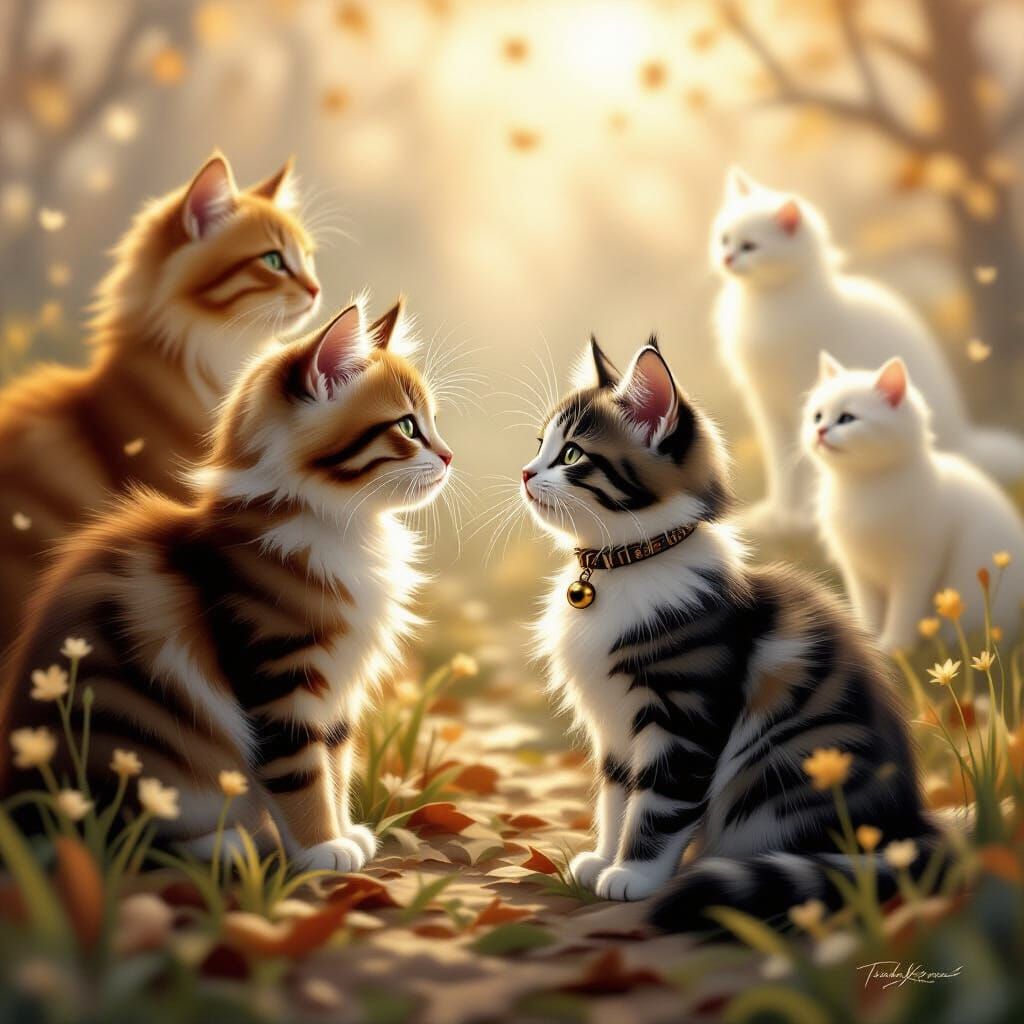 Cats in Dreamy Mist, in Kinkade Style