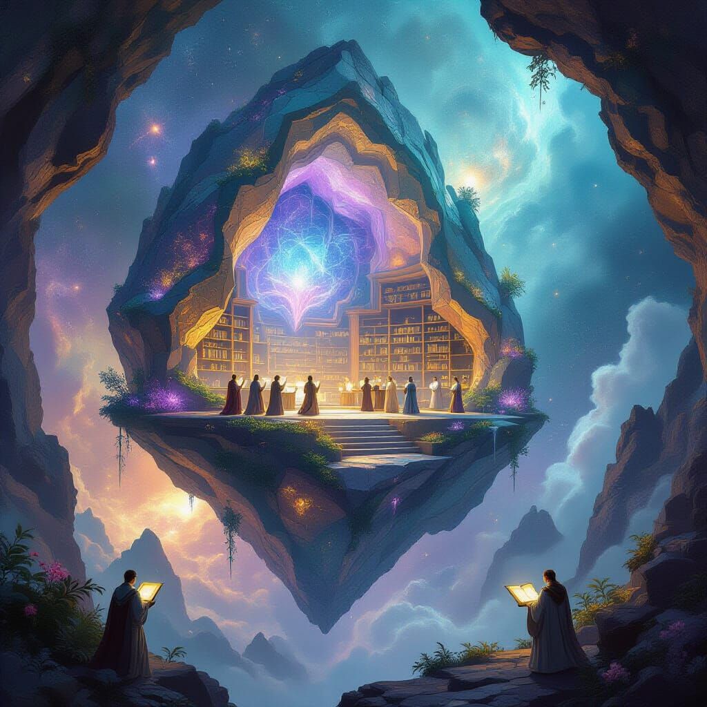 Ancient Library in Floating Geode Amidst Cosmic Nebula