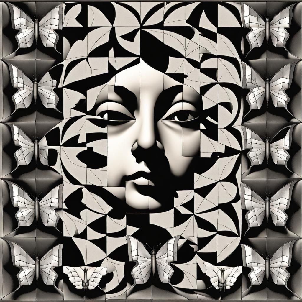 Face-Vase Illusion in Escher Style with Butterflies