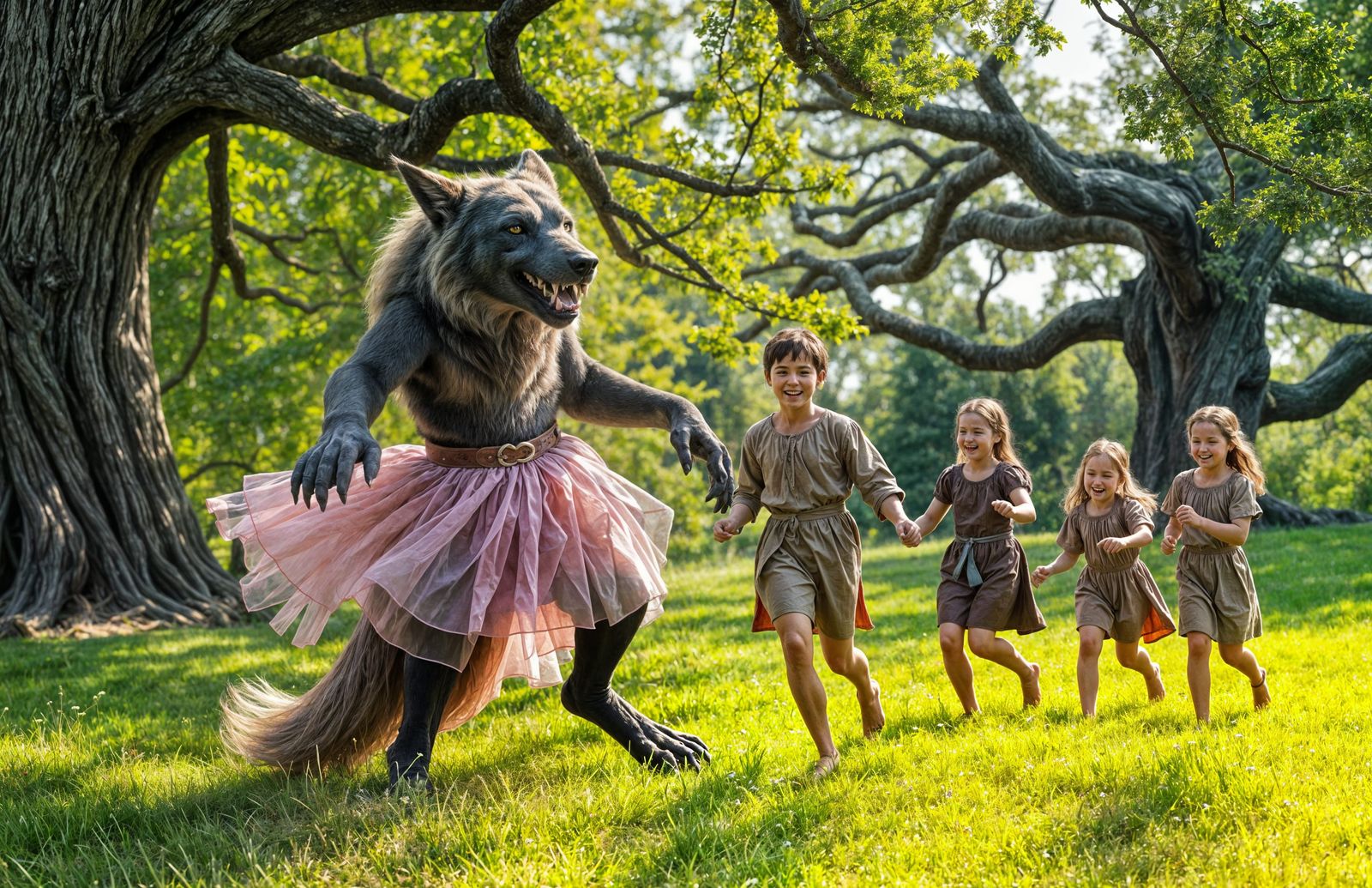 Whimsical Werewolf Dances with Children in Grove