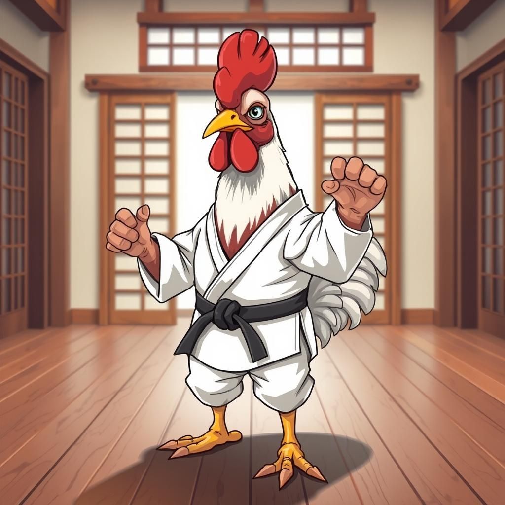 Chicken Karate Master in Cartoon Style Dojo
