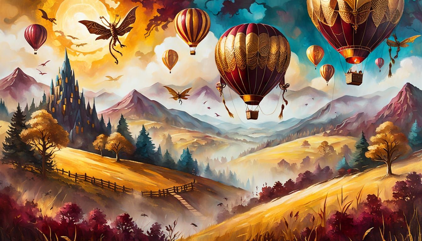 Gold Dragon Balloon Over Mountain Field in Oil Painting