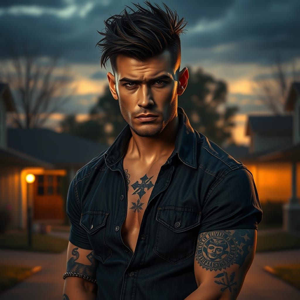 Dark, Moody Father with Symbolic Tattoos and Haunting Backdr...