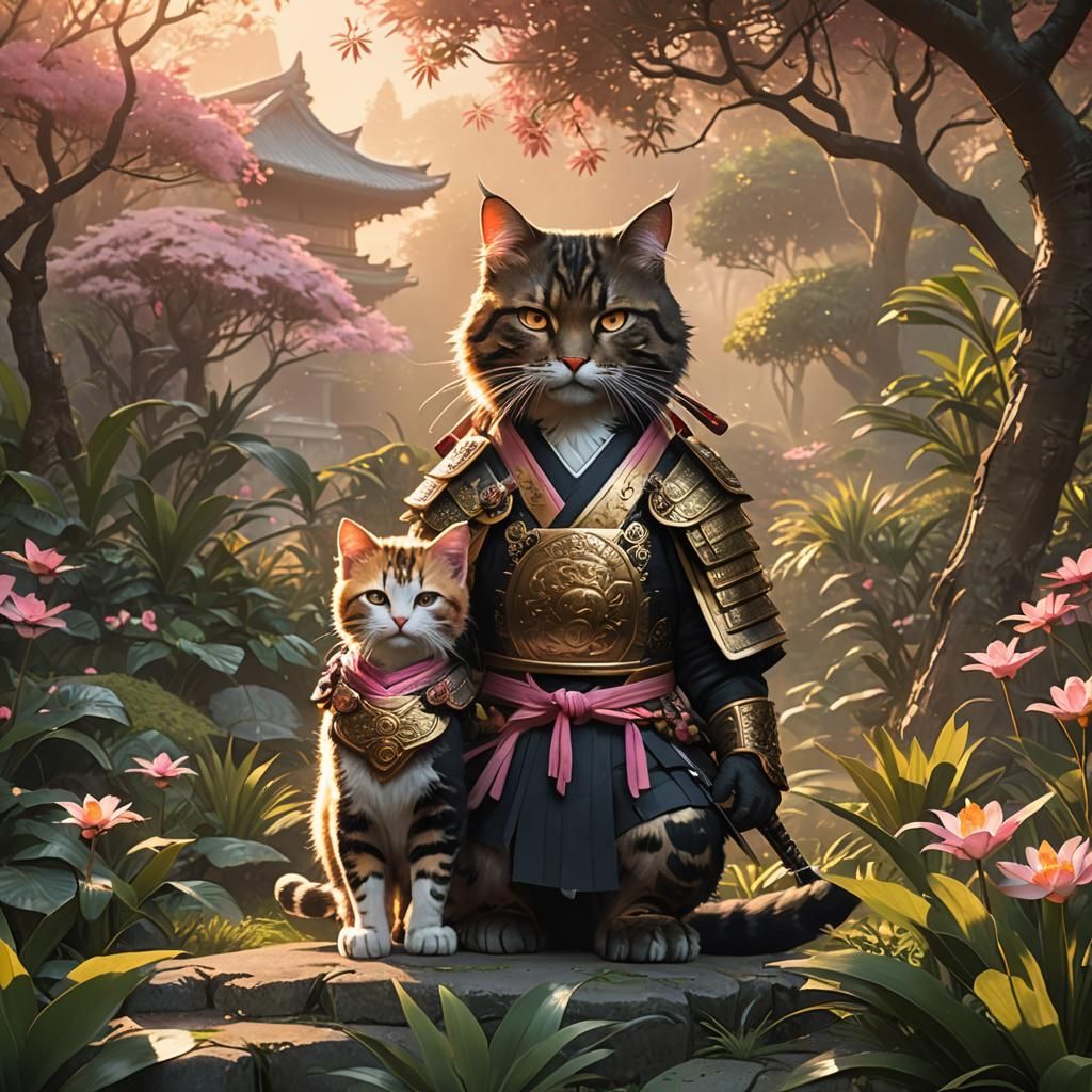 Samurai Kitty Family in Exotic Dawn Garden