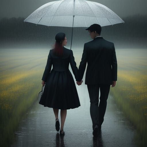 Children Walking in Rainy Meadow as Digital Art