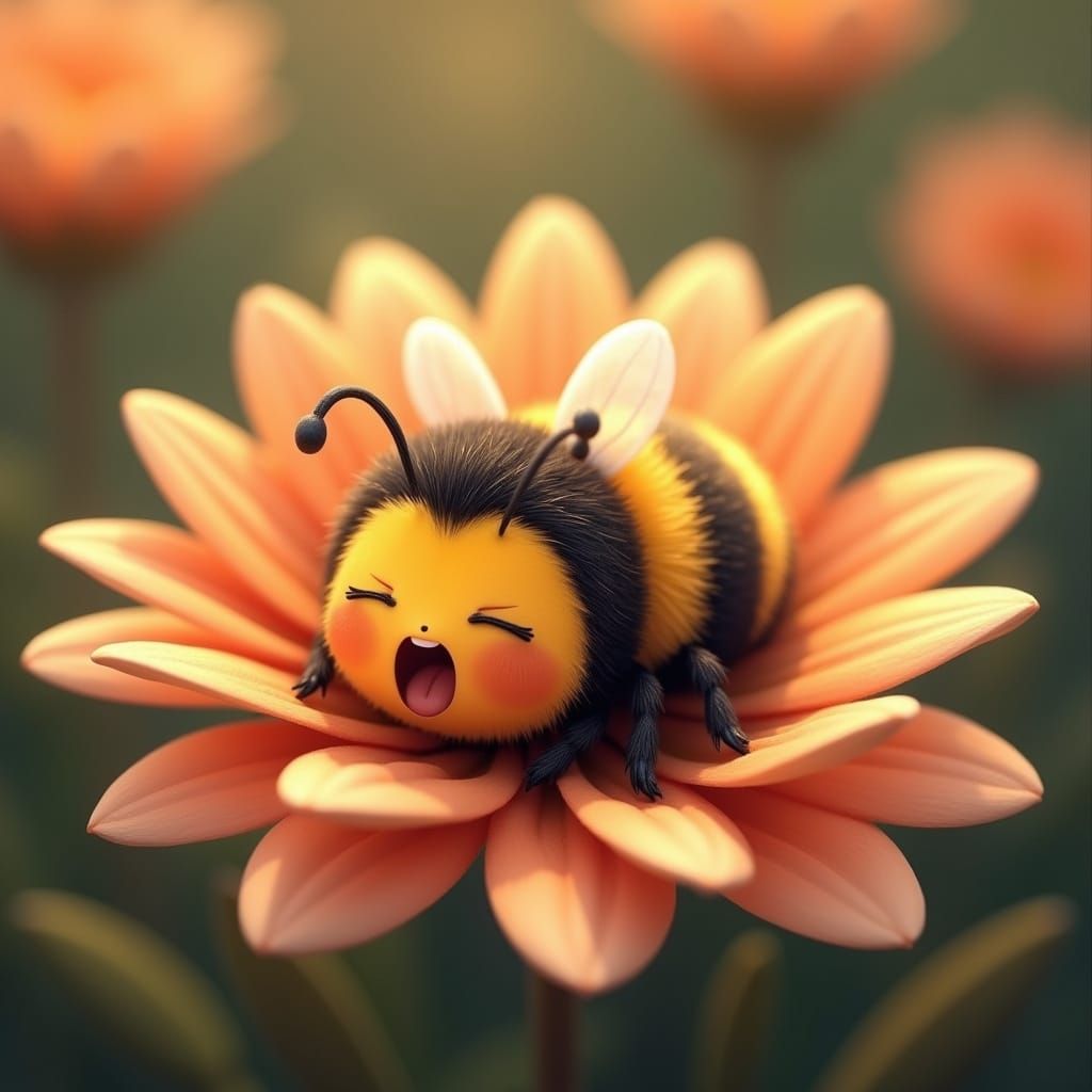 Cute Bumblebee Sleeping in Flower, Pixar Style