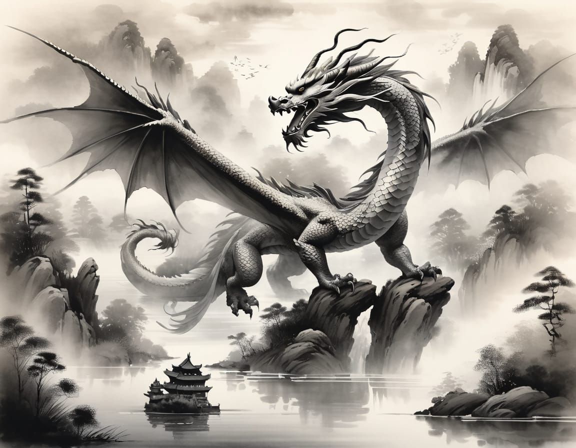 Majestic Dragon in Chinese Ink Wash Style