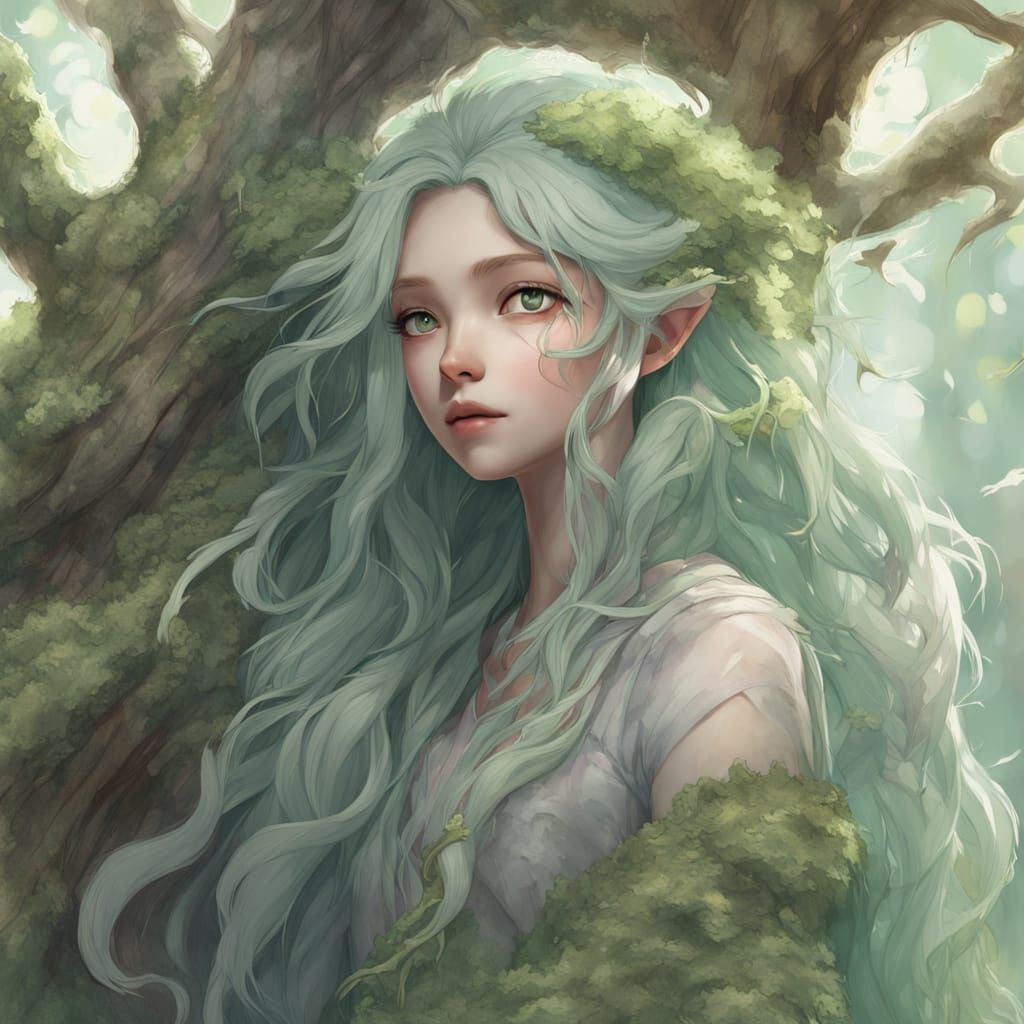 Dreamy Dryad Girl in Mossy Forest Glade