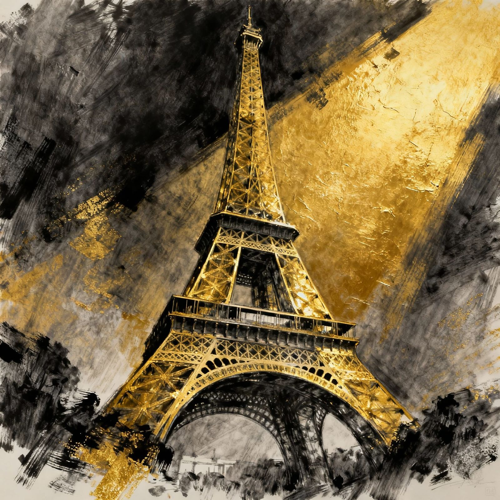 Eiffel Tower Rendered in Golden Charcoal Strokes