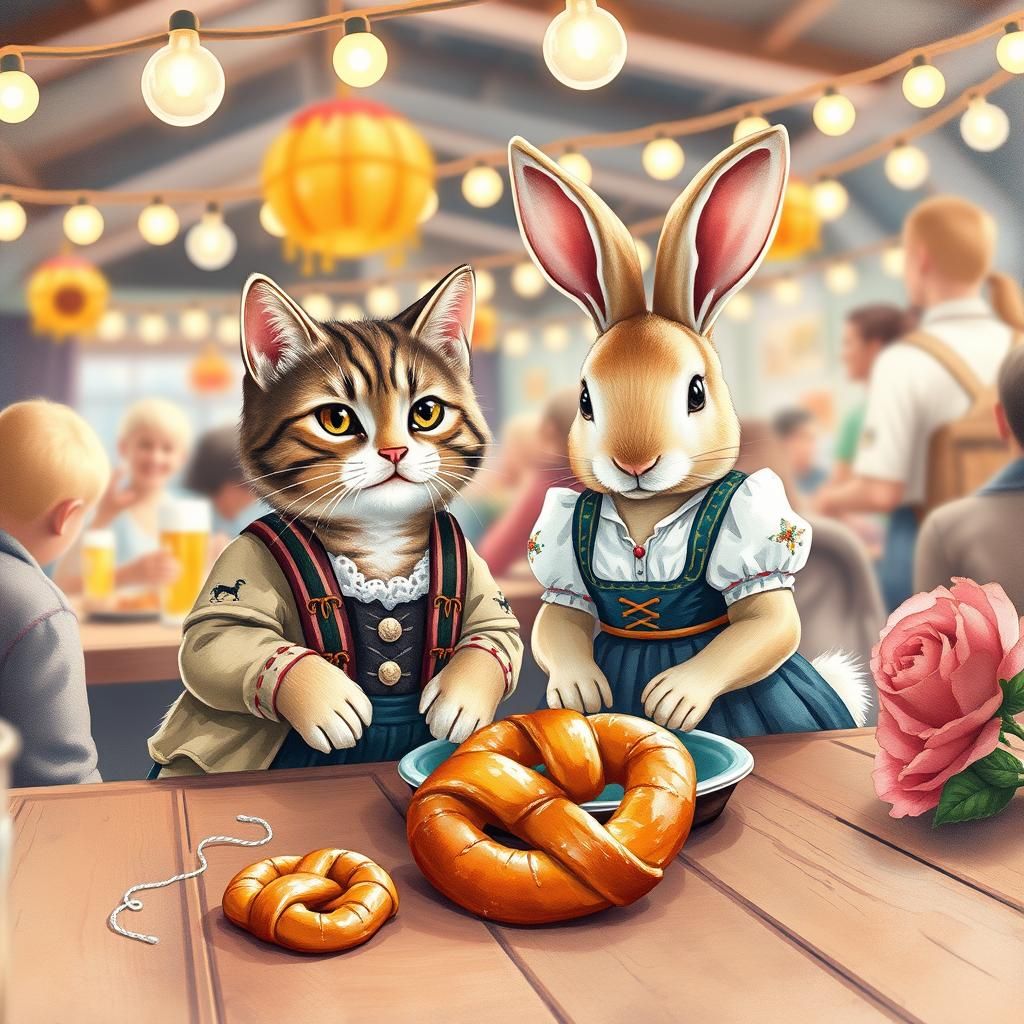 Oktoberfest Cat and Bunny Share Pretzels